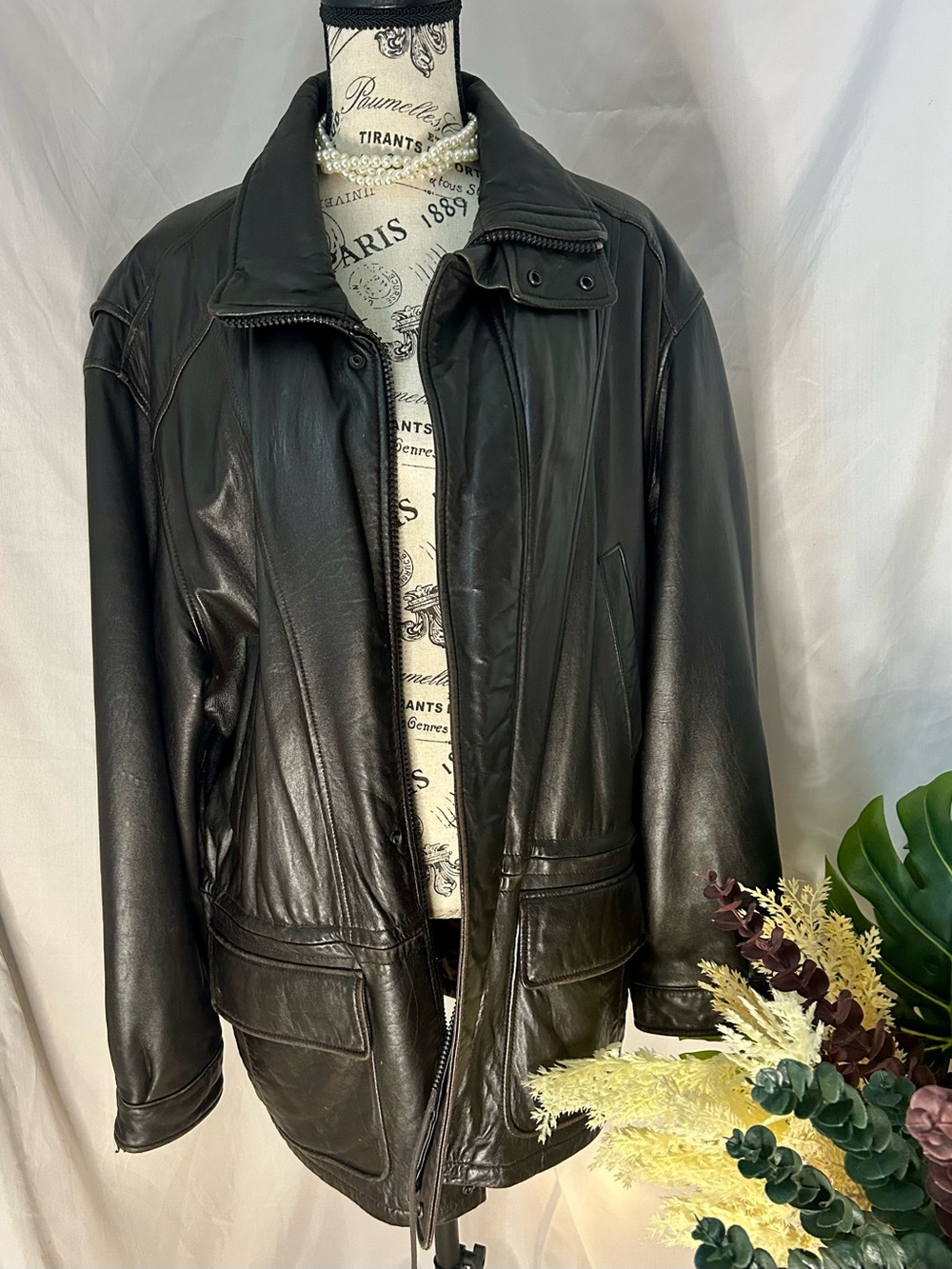 London Fog Grunge Darkromantic Black Leather oversized Bomber Jacket